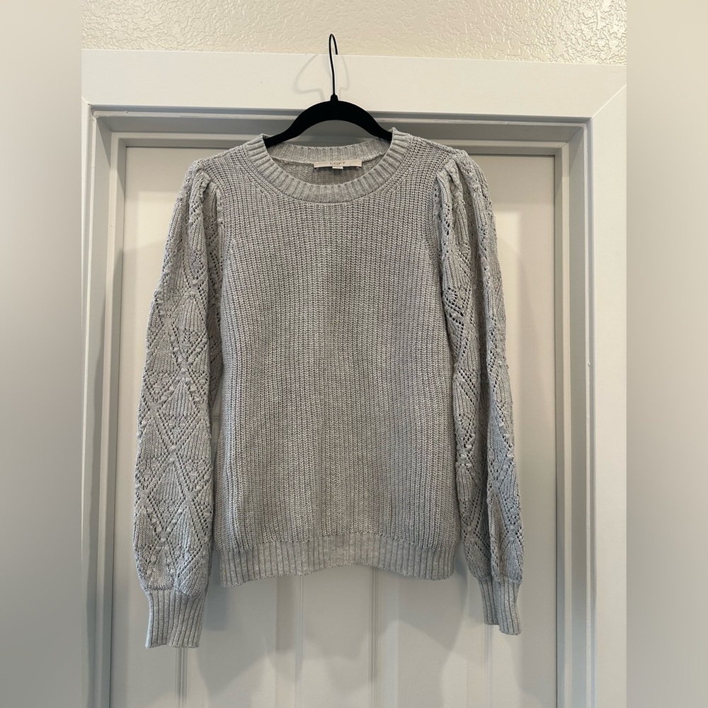 LOFT Gray Crew Neck Sweater with Intricate Sleeve Design